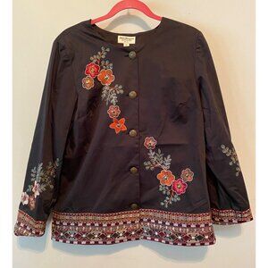 Norm Thompson Jacket Button Front Women's Black Tunic Floral Embroidery Medium